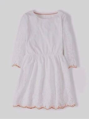 Mini Boden White Eyelet Lace Long-Sleeve Dress with Pink Trim